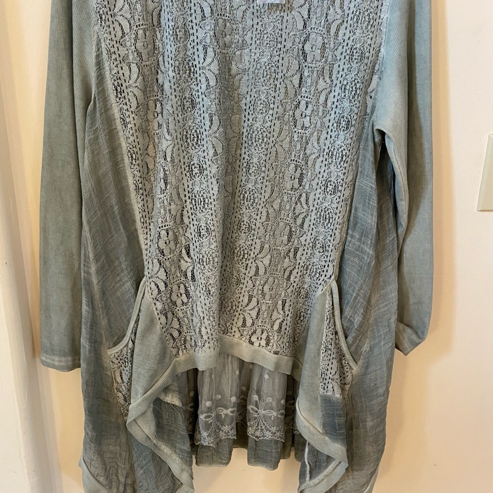 Pretty Angel Sage Green Lace Tiered Lagenlook Tunic Top Pockets L Linen Blend - Picture 5 of 8